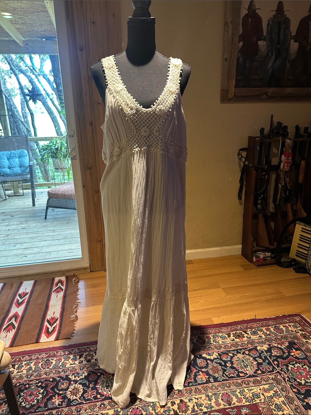 Style & Co. Cream Crochet-Trim Maxi Dress